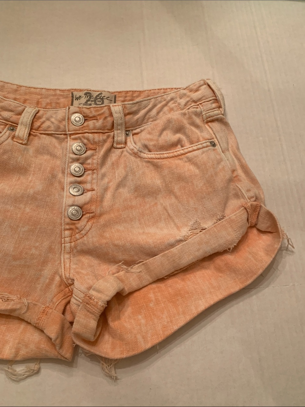 We The Free Washed Peach Button-Front Distressed Denim Shorts - Picture 4 of 11